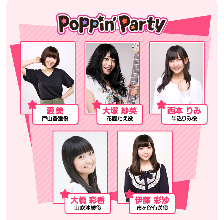 POPPIN 'PARTY 愛美/戸山香澄役 大塚 紗英/花園たえ役 西本 りみ/牛込りみ役 大橋 彩香/山吹沙綾役 伊藤 彩沙/市ヶ谷有咲役
